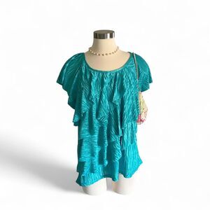 Brannan Teal Ruffle Blouse Crinkled Texture‎ XL Fairycore Y2K Plus Size Top
